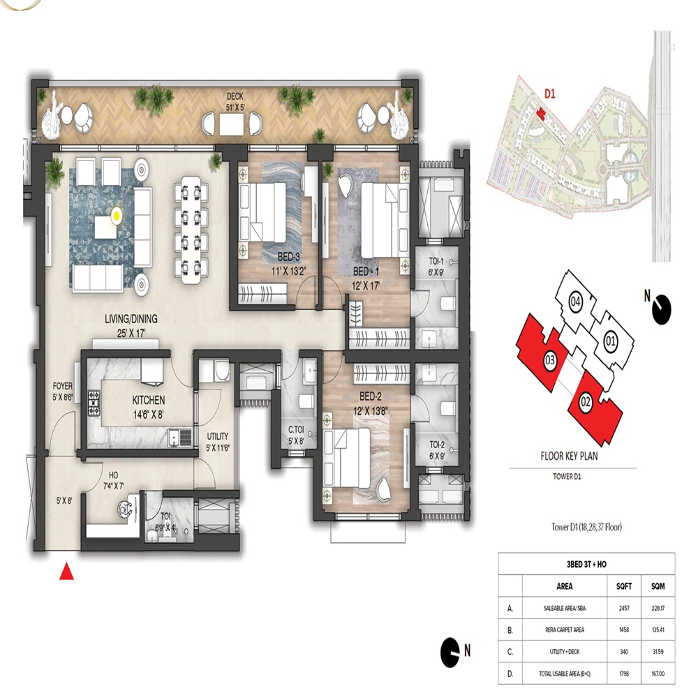3 BHK 3B-3T + HO